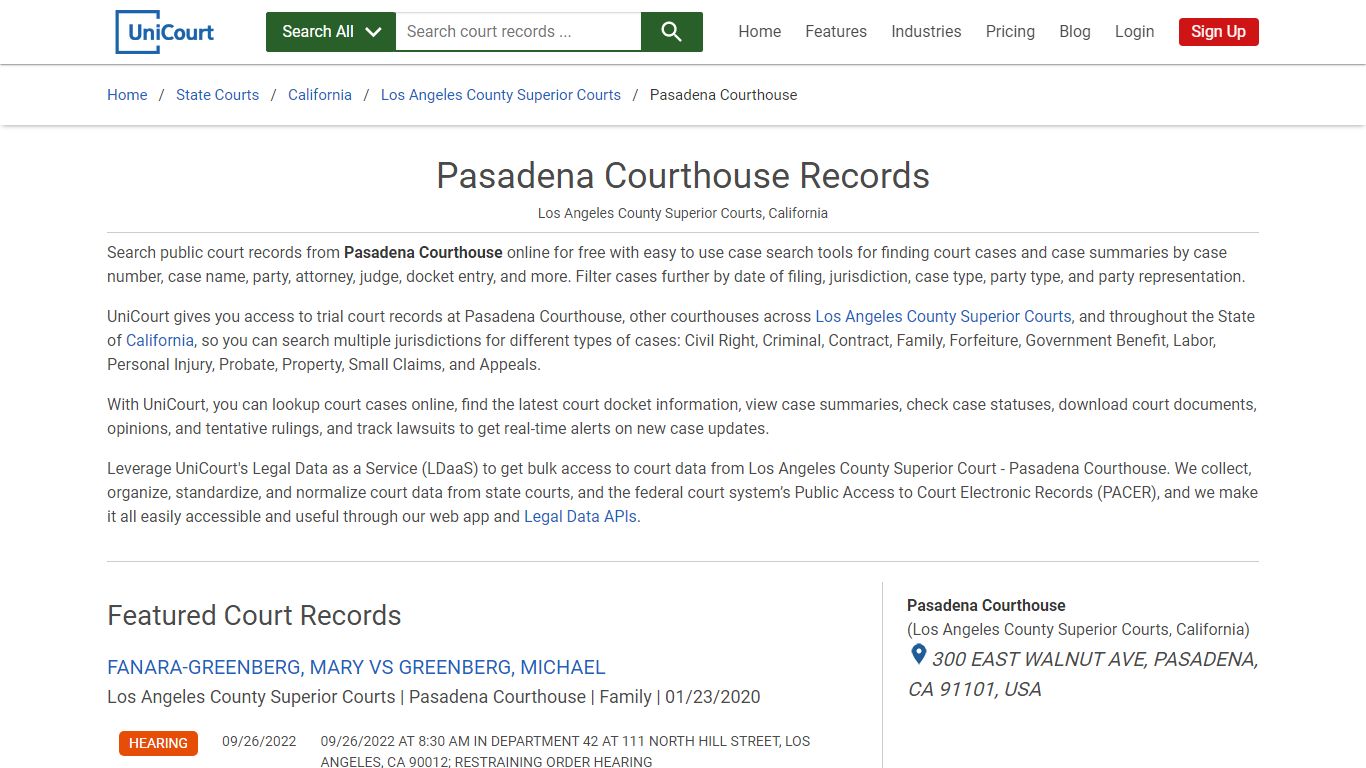 Pasadena Courthouse Records | Los Angeles | UniCourt